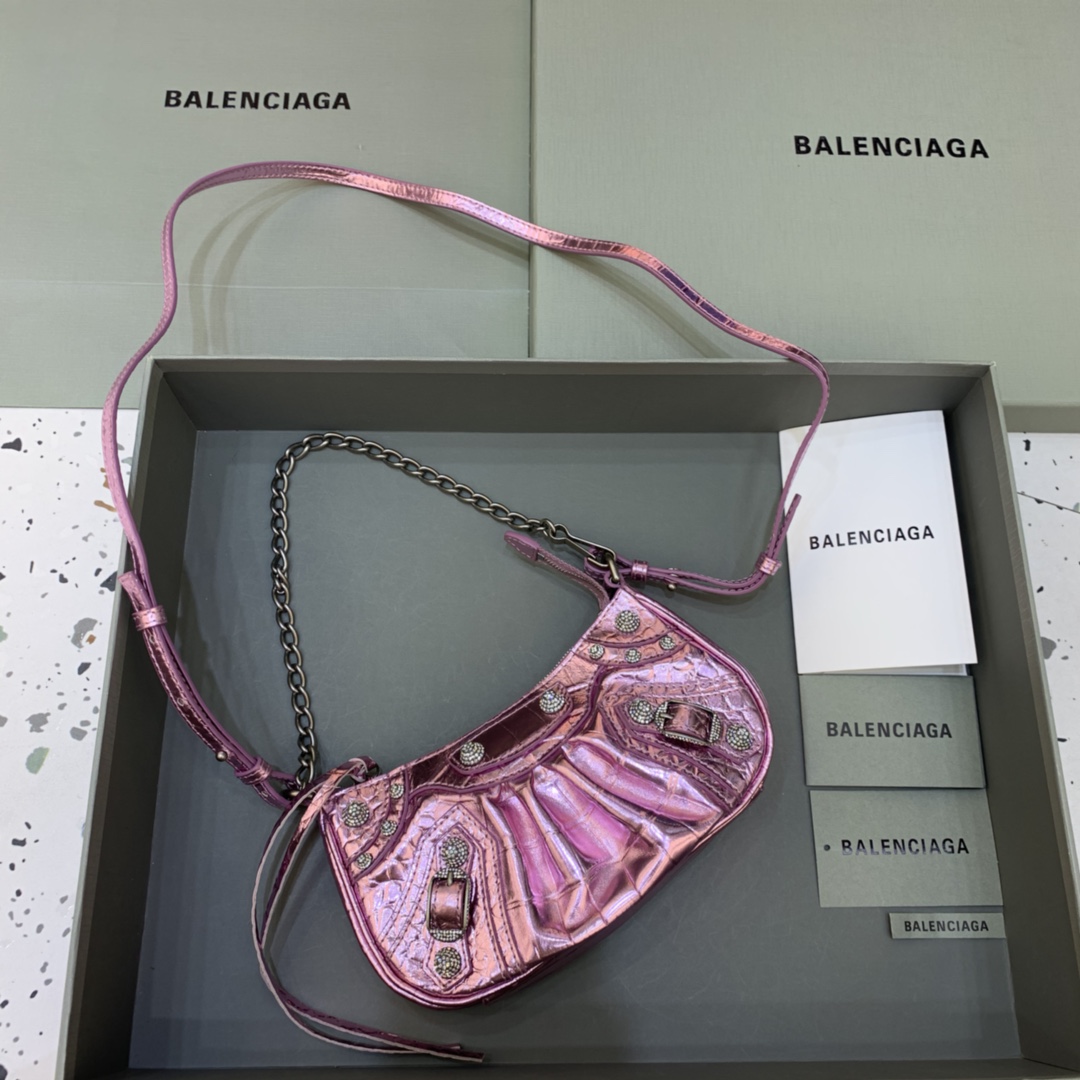 Balenciaga Le Cagole Mini Bag With Chain Crocodile Embossed Rhinestones Shoulder Bag Purple 